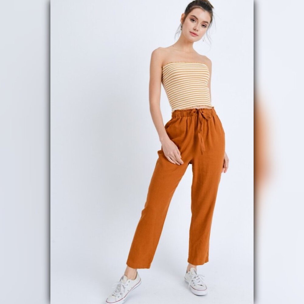 A083 • Relaxed High Waist Linen Blend Straight Leg Pants